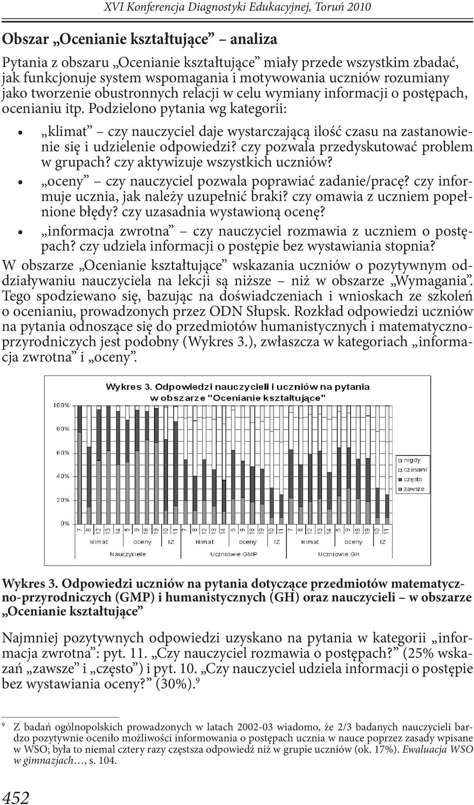 Podzielono pytania wg kategorii: klimat czy nauczyciel daje wystarczającą ilość czasu na zastanowienie się i udzielenie odpowiedzi? czy pozwala przedyskutować problem w grupach?