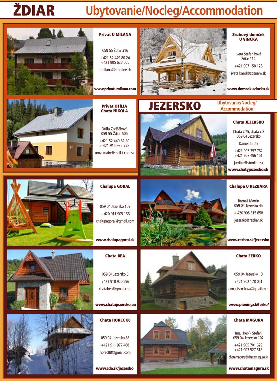 sk Ubytovanie/Nocleg/ Accommodation Otília Zoričáková 059 55 Ždiar 505 +421 52 449 82 89 + 421 915 932 778 konzumabc@mail.t-com.sk Chata Jezersko Chata č.75, chata č.