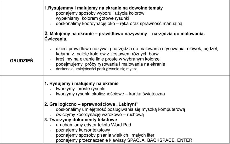 GRUDZIEŃ - dzieci prawidłowo nazywają narzędzia do malowania i rysowania: ołówek, pędzel, kałamarz, paletę kolorów z zestawem różnych barw - kreślimy na ekranie linie proste w wybranym kolorze -