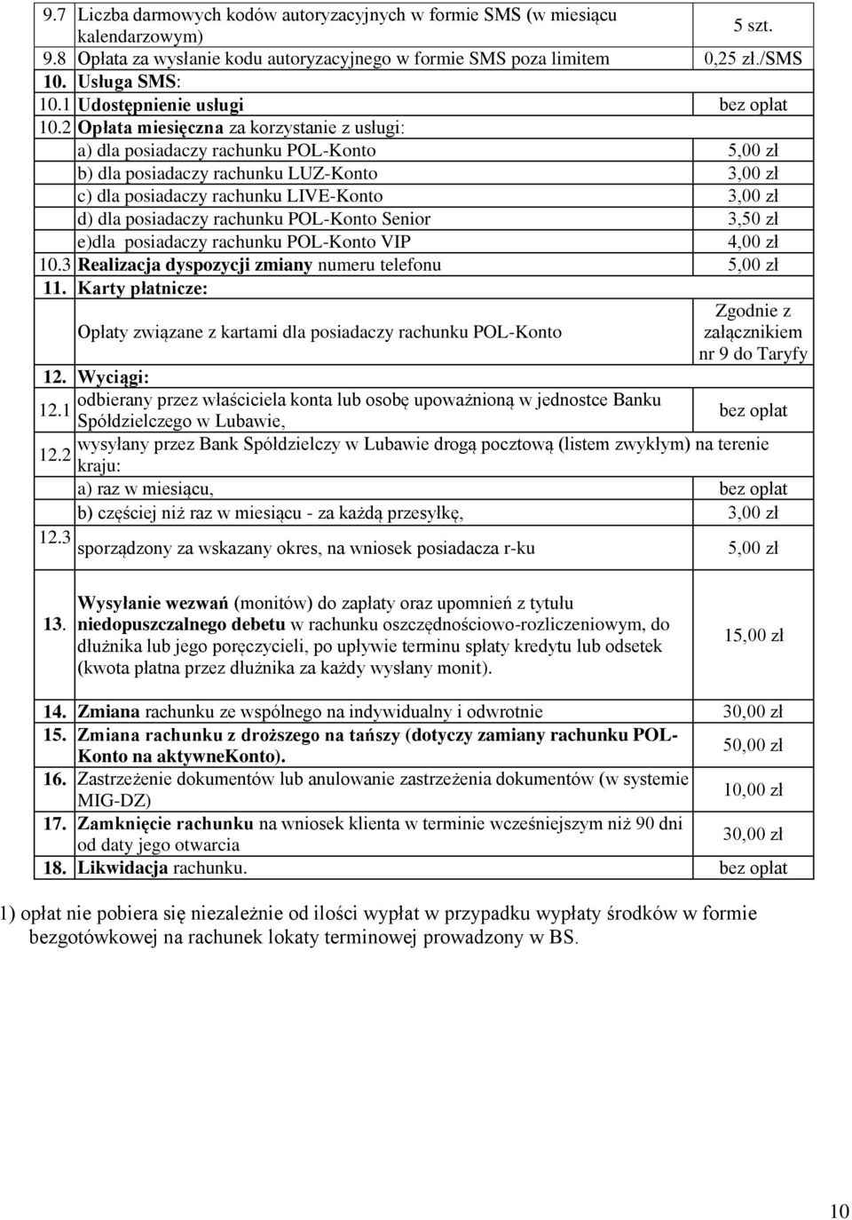 2 Opłata miesięczna za korzystanie z usługi: a) dla posiadaczy rachunku POL-Konto 5,0 b) dla posiadaczy rachunku LUZ-Konto 3,0 c) dla posiadaczy rachunku LIVE-Konto 3,0 d) dla posiadaczy rachunku