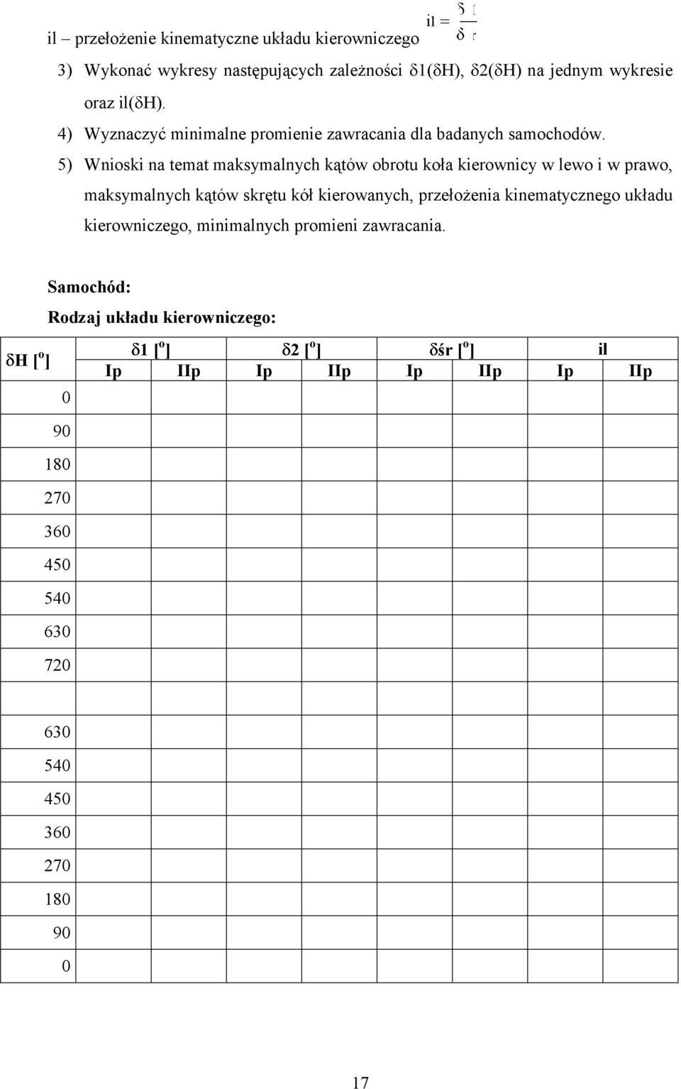 5) Wnioski na temat maksymalnych kątów obrotu koła kierownicy w lewo i w prawo, maksymalnych kątów skrętu kół kierowanych, przełożenia