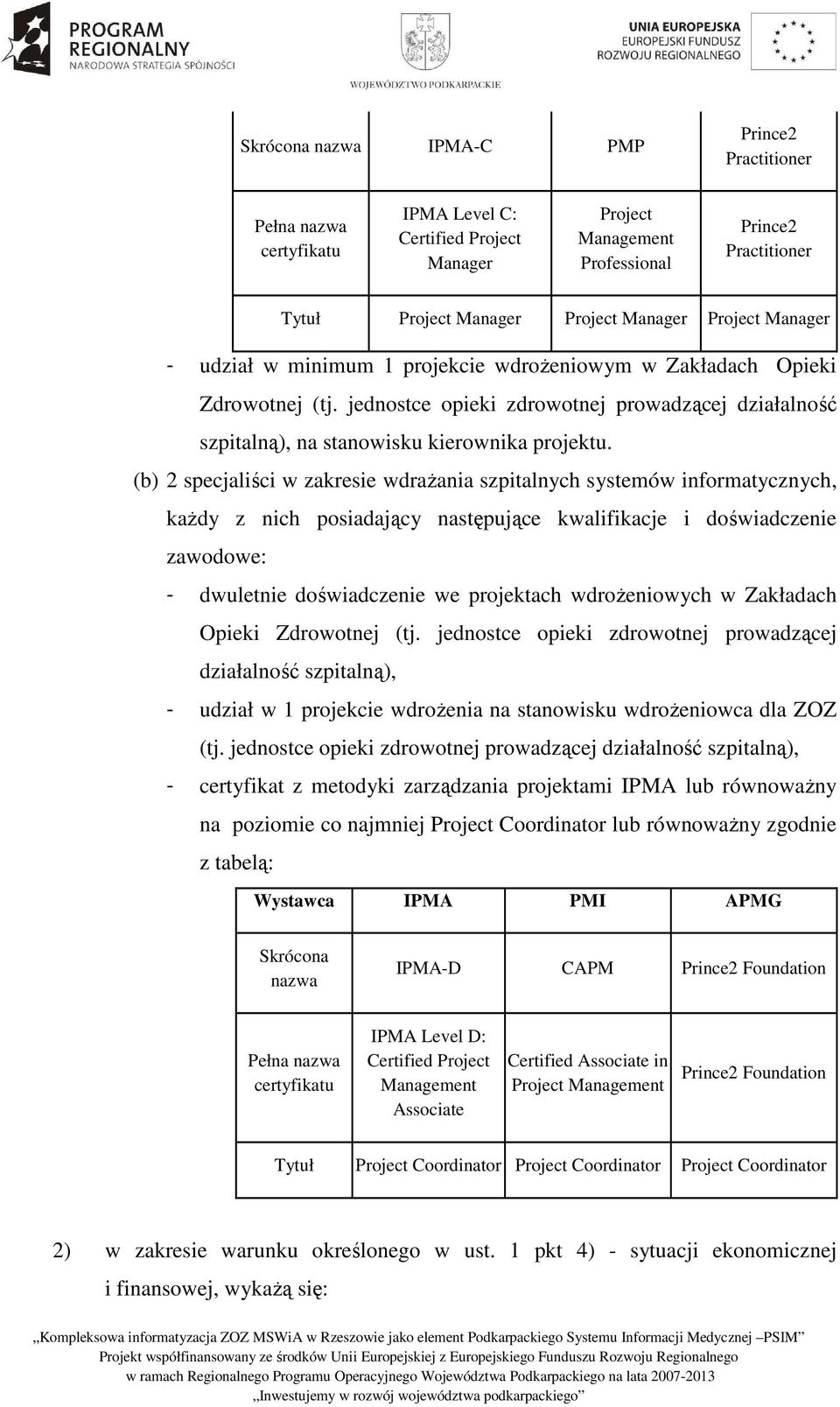 jednostce opieki zdrowotnej prowadzącej działalność szpitalną), na stanowisku kierownika projektu.