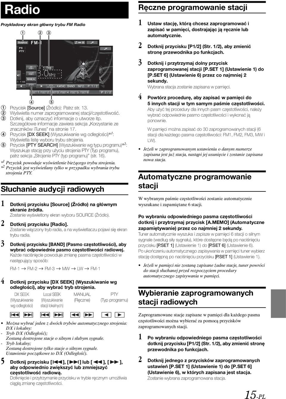 Przycisk [PTY SEARCH] (Wyszukiwanie wg typu programu)* 2 : Wyszukuje stację przy użyciu strojenia PTY (Typ programu), patrz sekcja Strojenie PTY (typ programu) (str. 16).