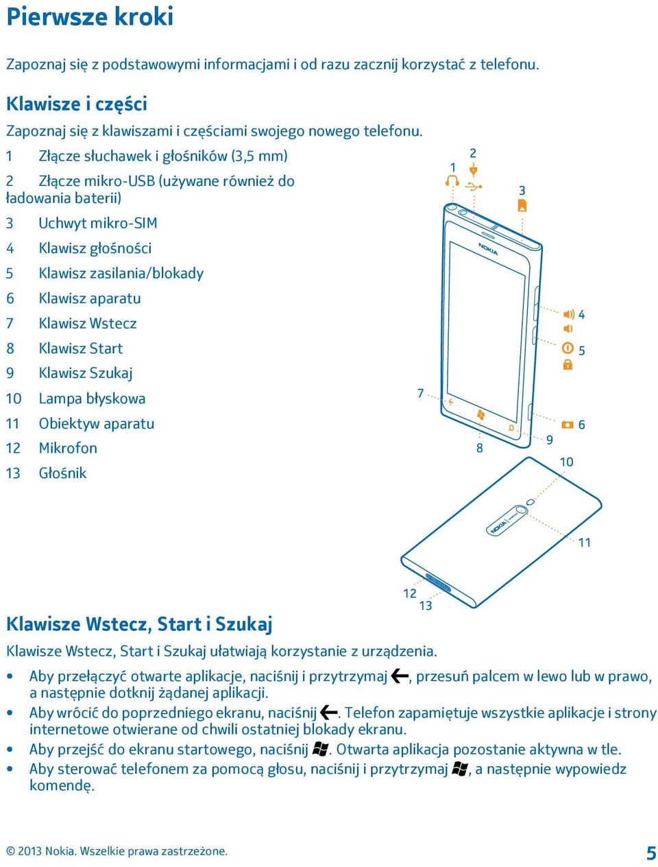 8 Klawisz Start 9 Klawisz Szukaj 10 Lampa błyskowa 11 Obiektyw aparatu 12 Mikrofon 13 Głośnik Klawisze Wstecz, Start i Szukaj Klawisze Wstecz, Start i Szukaj ułatwiają korzystanie z urządzenia.