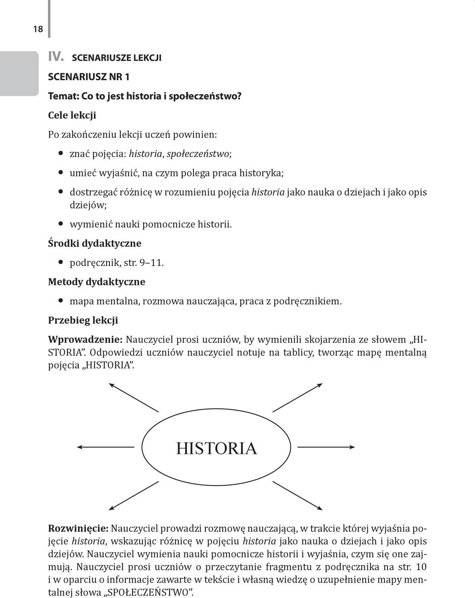 dziejach i jako opis dziejów; wymienić nauki pomocnicze historii. Środki dydaktyczne podręcznik, str. 9 11. Metody dydaktyczne mapa mentalna, rozmowa nauczająca, praca z podręcznikiem.