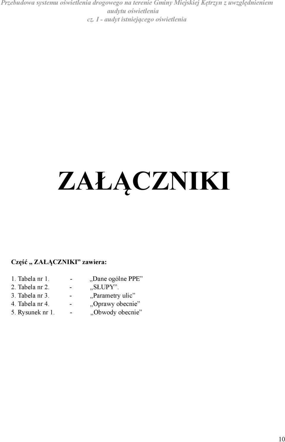 I - audyt istniejącego oświetlenia ZAŁĄCZNIKI Część ZAŁĄCZNIKI zawiera: 1. Tabela nr 1.