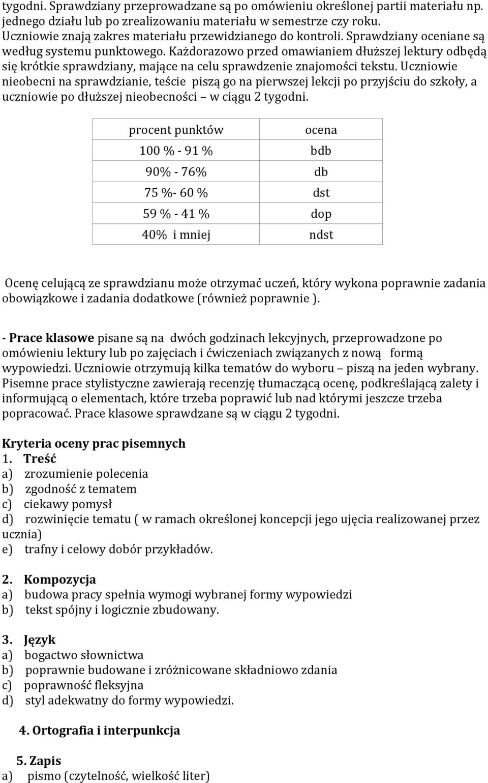 Każdorazowo przed omawianiem dłuższej lektury odbędą się krótkie sprawdziany, mające na celu sprawdzenie znajomości tekstu.