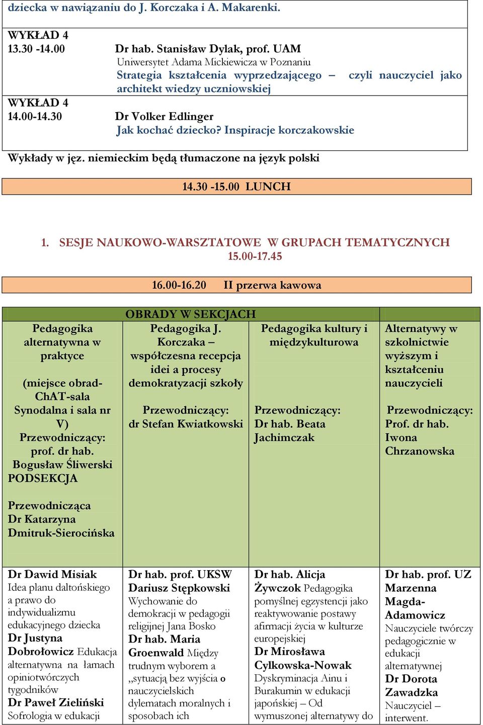 Inspiracje korczakowskie Wykłady w jęz. niemieckim będą tłumaczone na język polski 14.30-15.00 LUNCH 1. SESJE NAUKOWO-WARSZTATOWE W GRUPACH TEMATYCZNYCH 15.00-17.45 16.00-16.