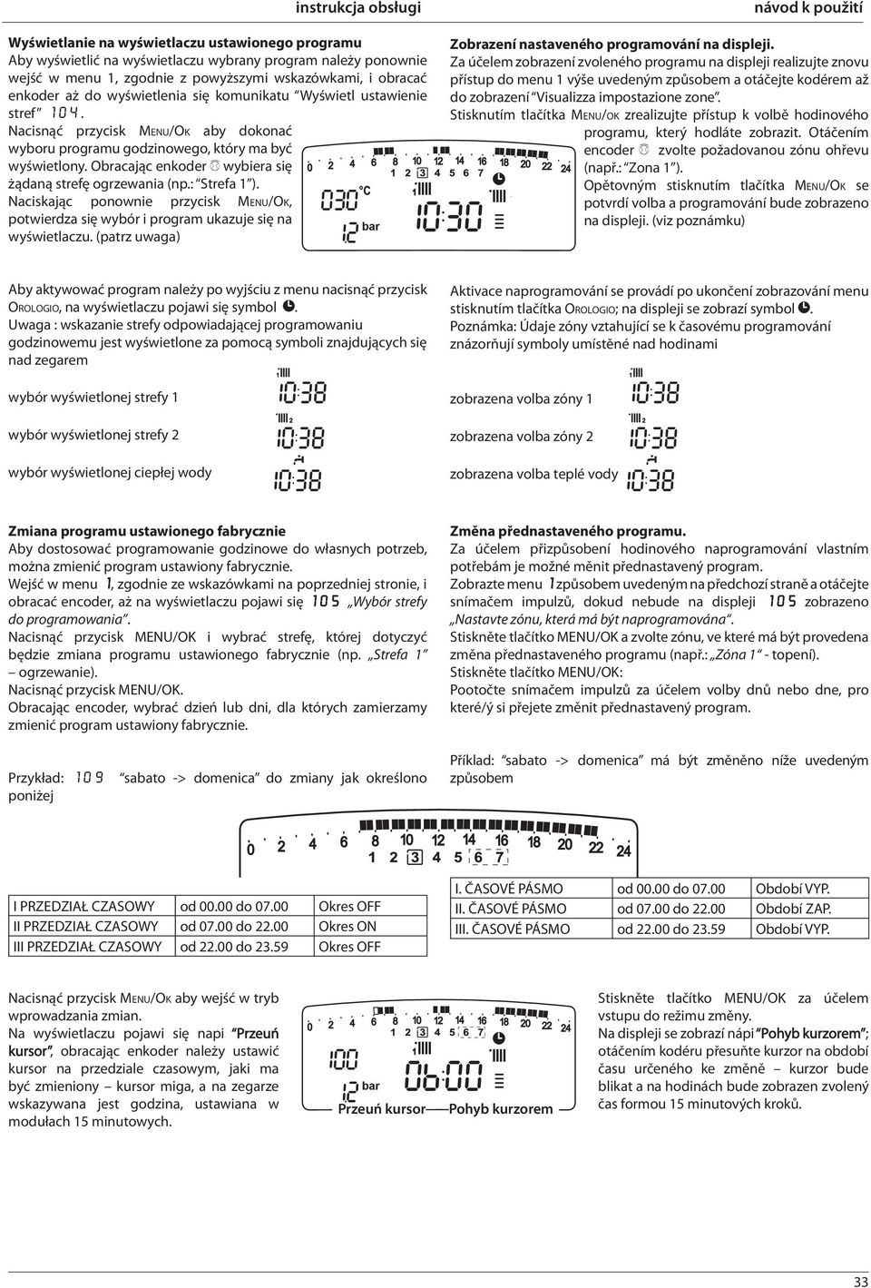 : Strefa 1 ). Naciskając ponownie przycisk MENU/OK, potwierdza się wybór i program ukazuje się na wyświetlaczu. (patrz uwaga) Inverno Zobrazení nastaveného programování na displeji.