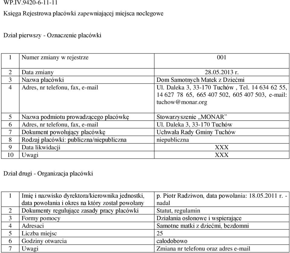 Daleka 3, 33-170 Tuchów 7 Dokument powołujący placówkę Uchwała Rady Gminy Tuchów 1 Imię i nazwisko dyrektora/kierownika jednostki, p. Piotr Radziwon, data powołania: 18.05.2011 r.