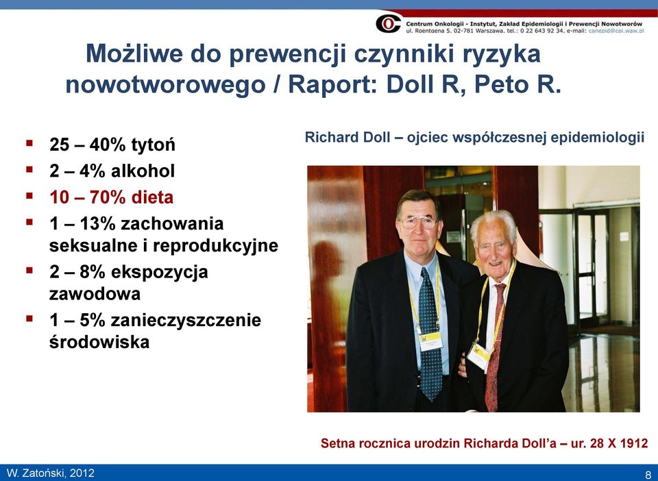 8% ekspozycja zawodowa 1 5% zanieczyszczenie środowiska Richard Doll ojciec