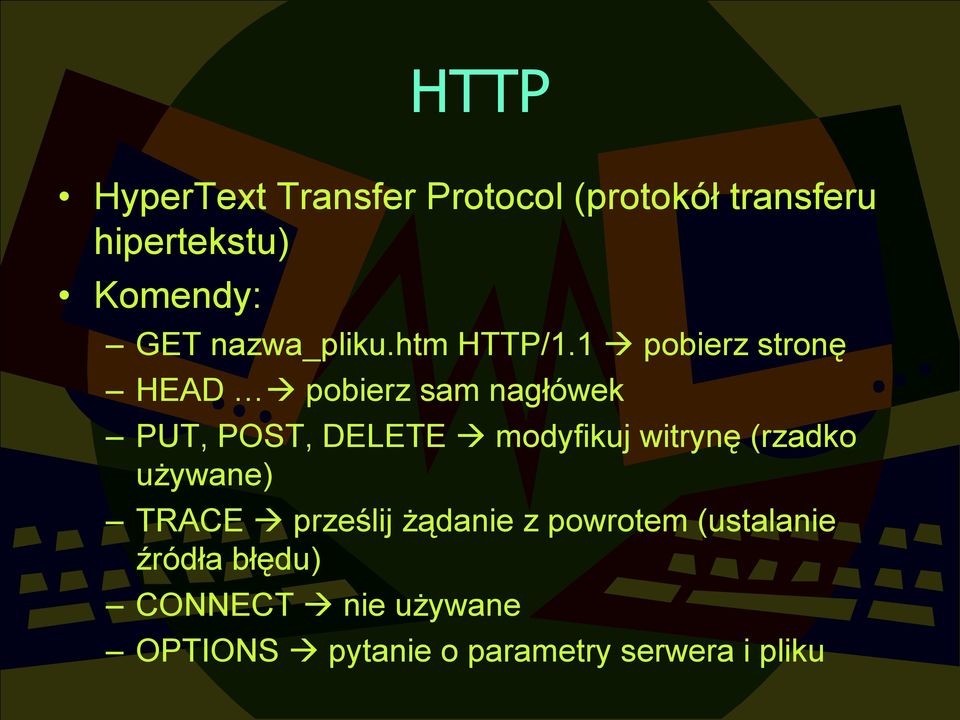 1 pobierz stronę HEAD pobierz sam nagłówek PUT, POST, DELETE modyfikuj witrynę