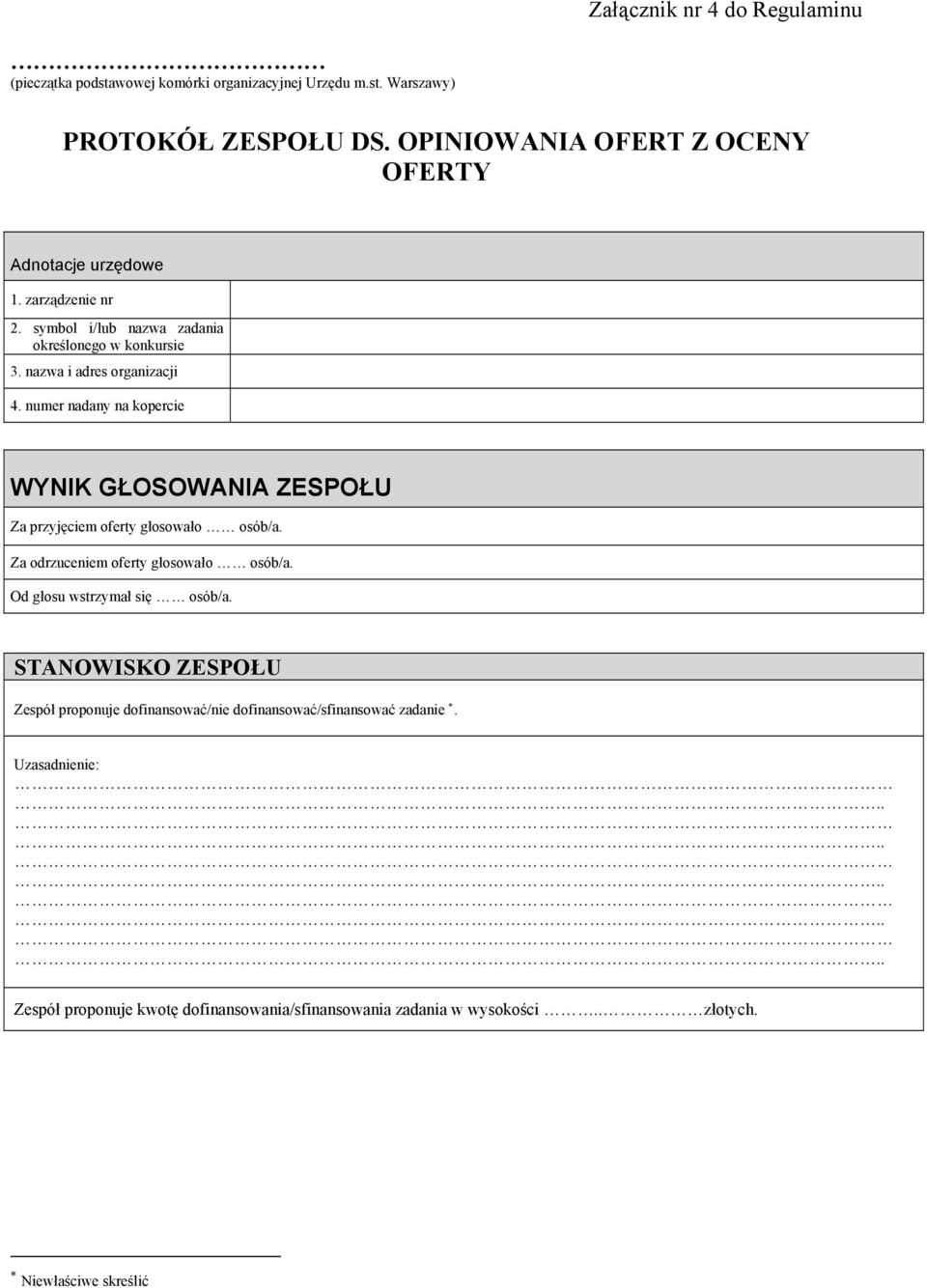 numer nadany na kopercie WYNIK GŁOSOWANIA ZESPOŁU Za przyjęciem oferty głosowało osób/a. Za odrzuceniem oferty głosowało osób/a.