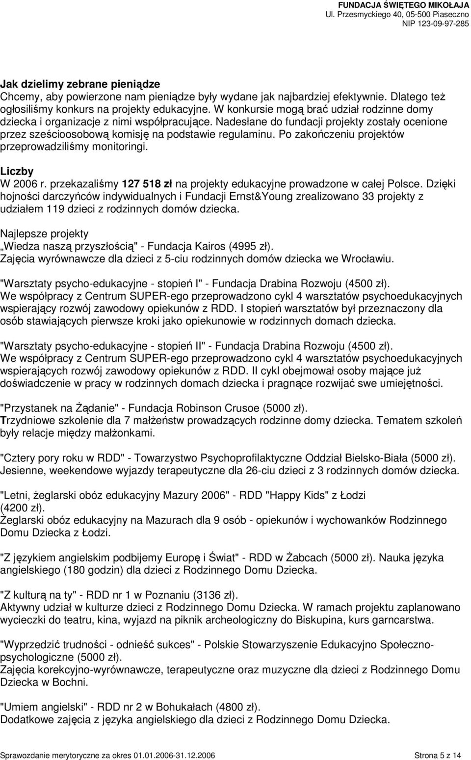 Po zakończeniu projektów przeprowadziliśmy monitoringi. Liczby W 2006 r. przekazaliśmy 127 518 zł na projekty edukacyjne prowadzone w całej Polsce.