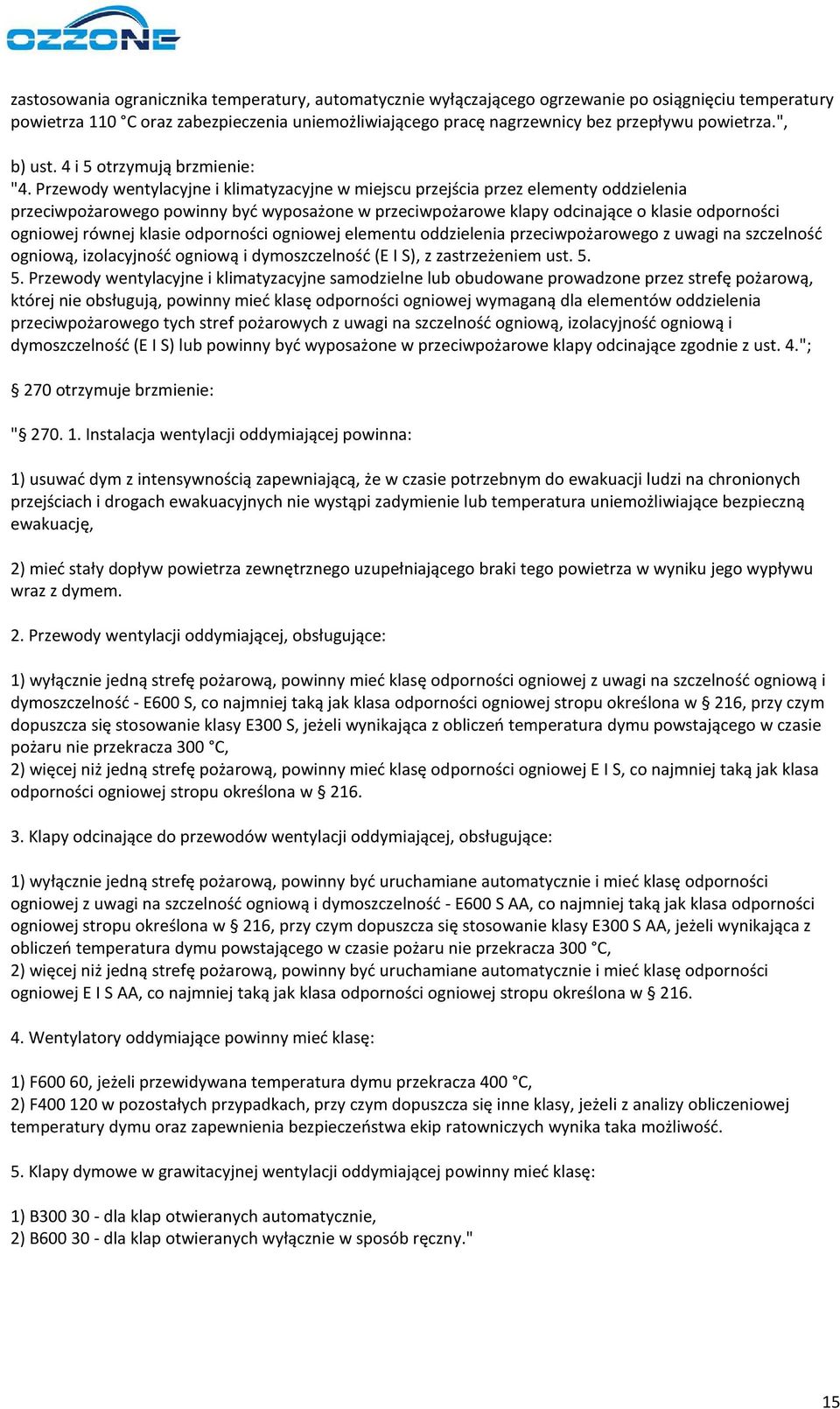 Przewody wentylacyjne i klimatyzacyjne w miejscu przejścia przez elementy oddzielenia przeciwpożarowego powinny być wyposażone w przeciwpożarowe klapy odcinające o klasie odporności ogniowej równej