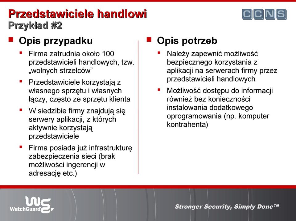 których aktywnie korzystają przedstawiciele Opis potrzeb Należy zapewnić możliwość bezpiecznego korzystania z aplikacji na serwerach firmy przez przedstawicieli