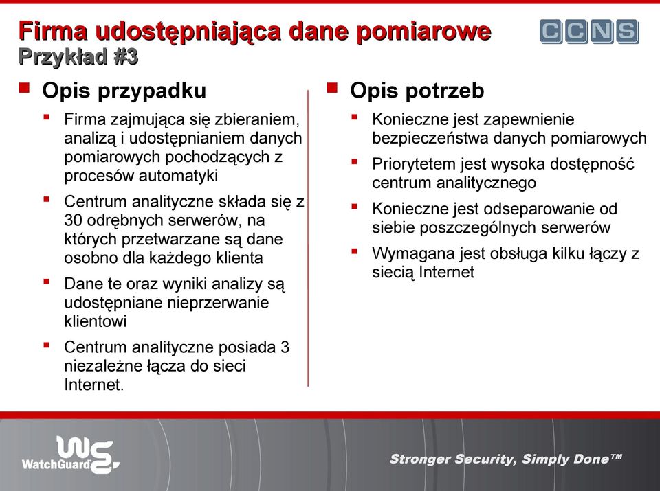 potrzeb Konieczne jest zapewnienie bezpieczeństwa danych pomiarowych Priorytetem jest wysoka dostępność centrum analitycznego Konieczne jest odseparowanie od siebie