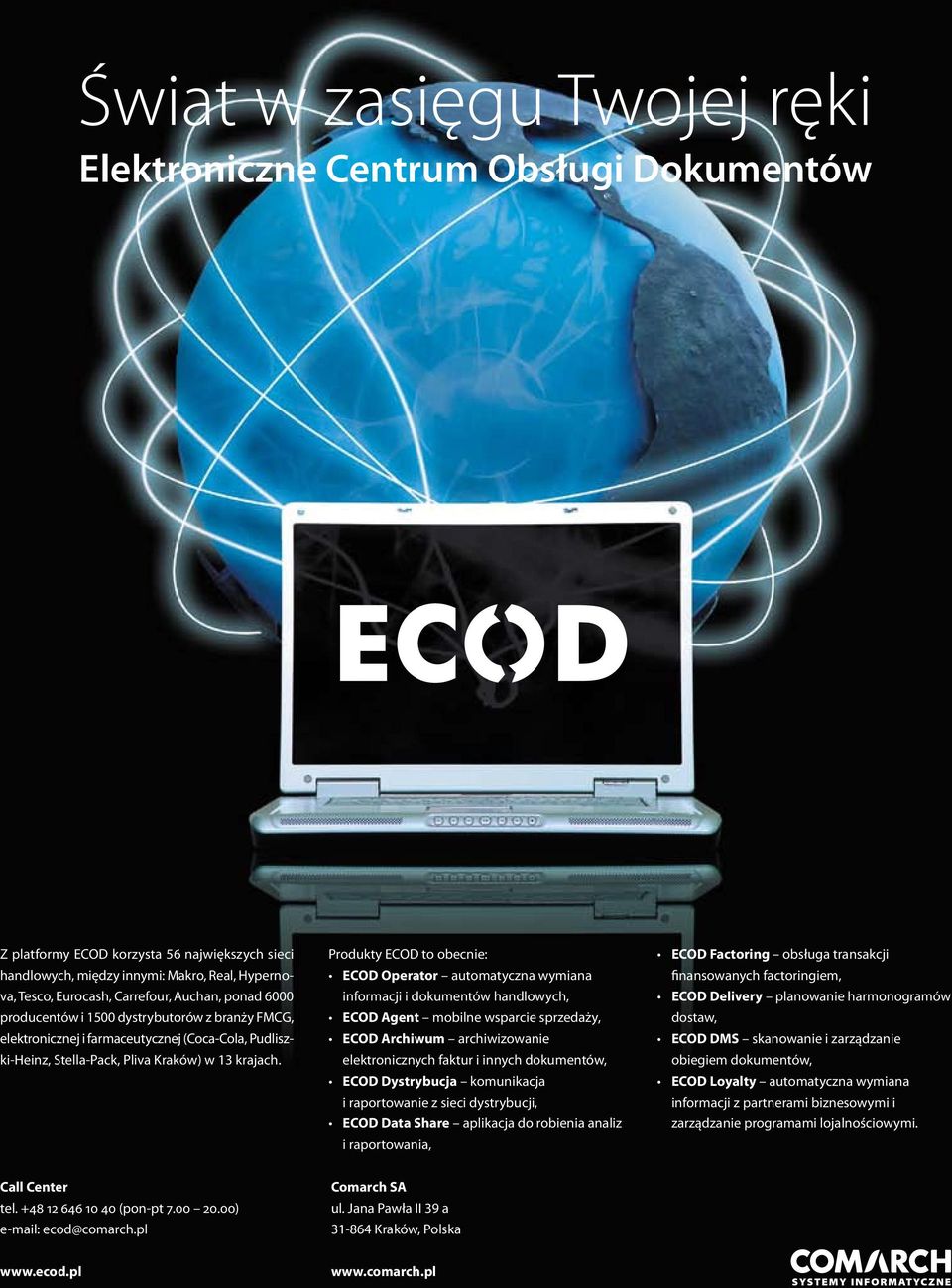 Produkty ECOD to obecnie: ECOD Operator automatyczna wymiana informacji i dokumentów handlowych, ECOD Agent mobilne wsparcie sprzedaży, ECOD Archiwum archiwizowanie elektronicznych faktur i innych