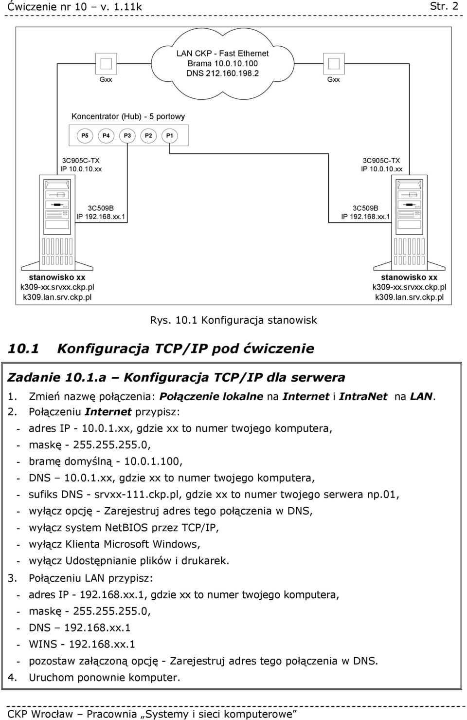 1 Konfiguracja TCP/IP pod ćwiczenie Zadanie 10.1.a Konfiguracja TCP/IP dla serwera 1. Zmień nazwę połączenia: Połączenie lokalne na Internet i IntraNet na LAN. 2.