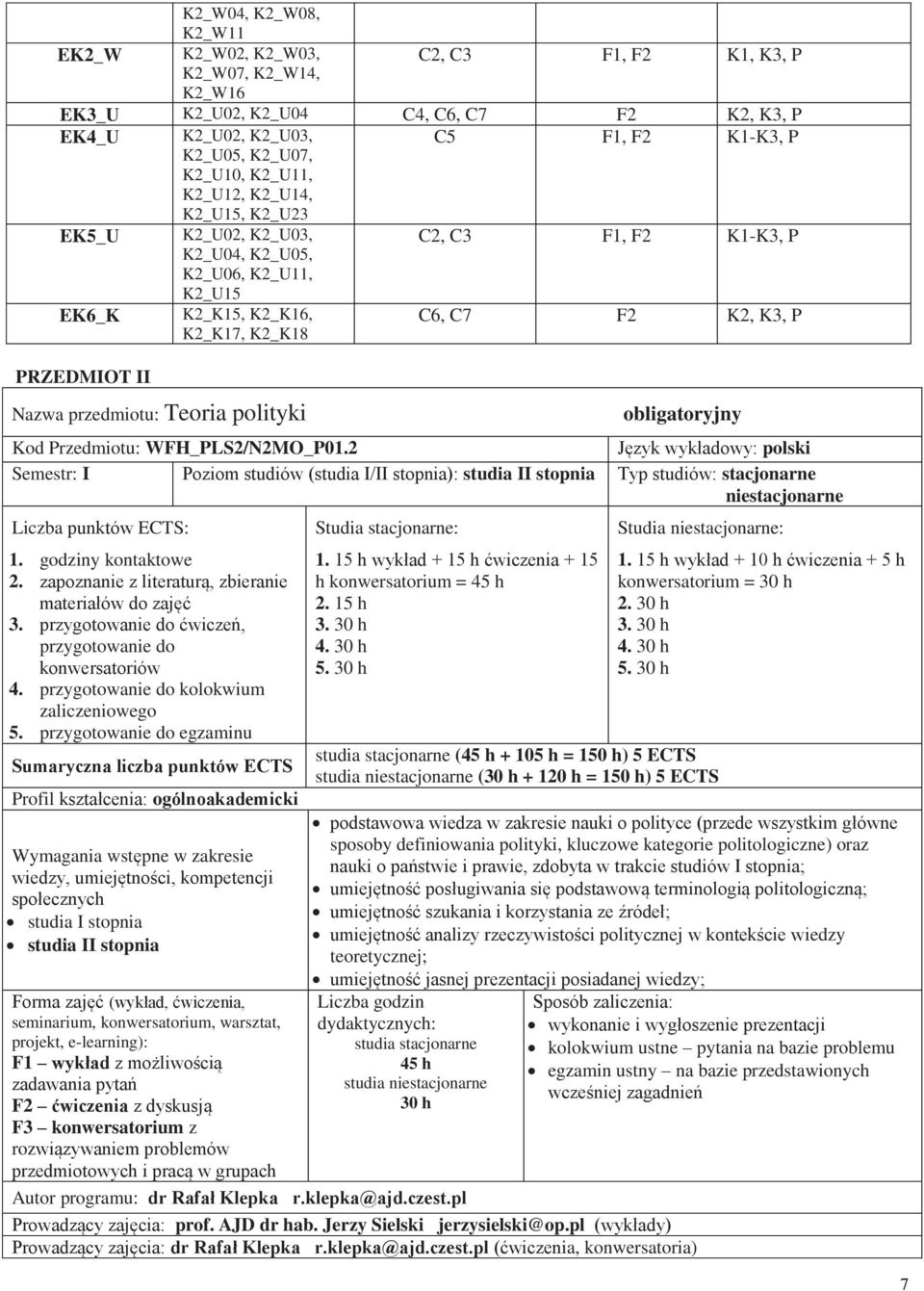 WFH_PLS/NMO_P01. Język wykładowy: polski Semestr: I Poziom studiów (studia I/II stopnia): studia II stopnia Typ studiów: stacjonarne niestacjonarne Liczba punktów ECTS: 1. godziny kontaktowe.