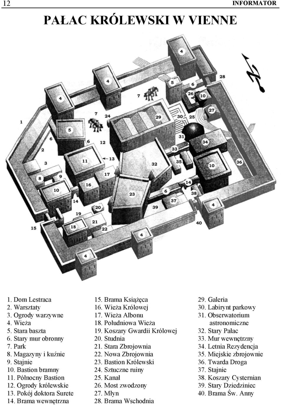 Koszary Gwardii Królowej 20. Studnia 21. Stara Zbrojownia 22. Nowa Zbrojownia 23. Bastion Królewski 24. Sztuczne ruiny 25. Kanał 26. Most zwodzony 27. Młyn 28. Brama Wschodnia 29. Galeria 30.