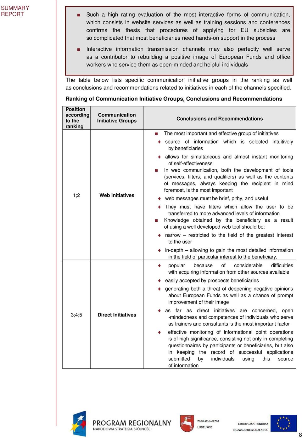 a contributor to rebuilding a positive image of European Funds and office workers who service them as open-minded and helpful individuals The table below lists specific communication initiative