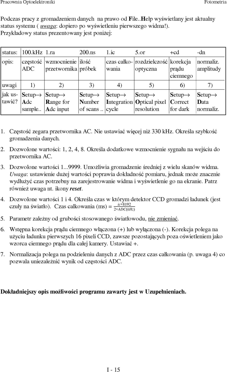 or +cd -dn opis: częstość wzmocnienie ilość czas całkowania rozdzielczość ADC przetwornika próbek optyczna korekcja prądu ciemnego normaliz. amplitudy uwagi 1) 2) 3) 4) 5) 6) 7) jak ustawić?