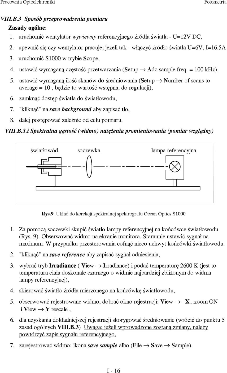 = 100 khz), 5. ustawić wymaganą ilość skanów do średniowania (Setup Number of scans to average = 10, będzie to wartość wstępna, do regulacji), 6. zamknąć dostęp światła do światłowodu, 7.