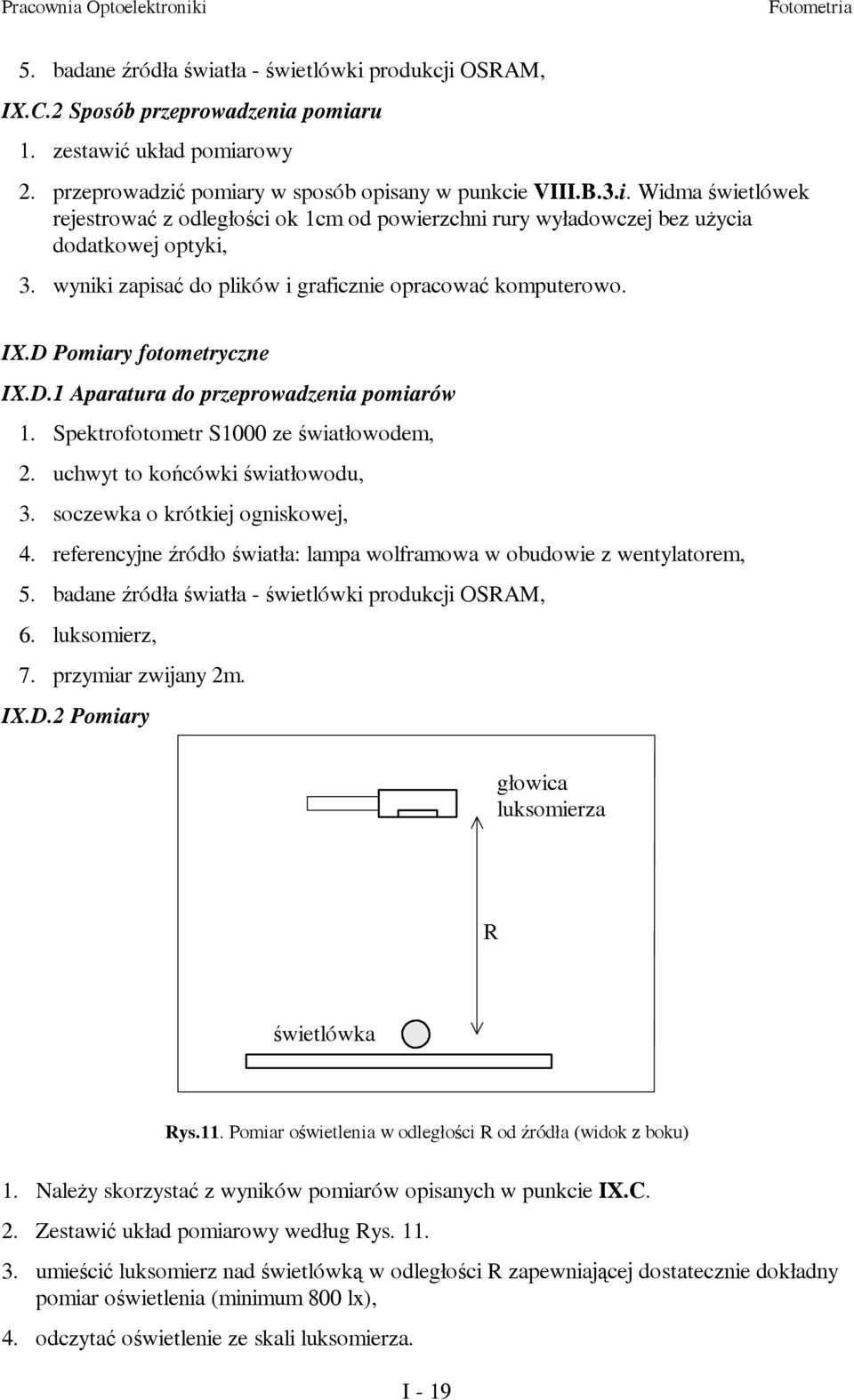 uchwyt to końcówki światłowodu, 3. soczewka o krótkiej ogniskowej, 4. referencyjne źródło światła: lampa wolframowa w obudowie z wentylatorem, 5. badane źródła światła - świetlówki produkcji OSRAM, 6.