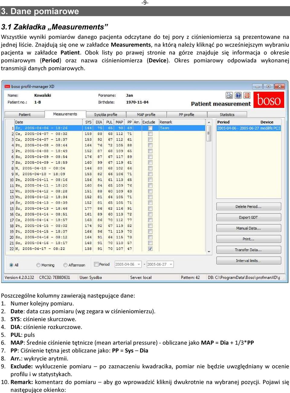 Obok listy po prawej stronie na górze znajduje się informacja o okresie pomiarowym (Period) oraz nazwa ciśnieniomierza (Device). Okres pomiarowy odpowiada wykonanej transmisji danych pomiarowych.