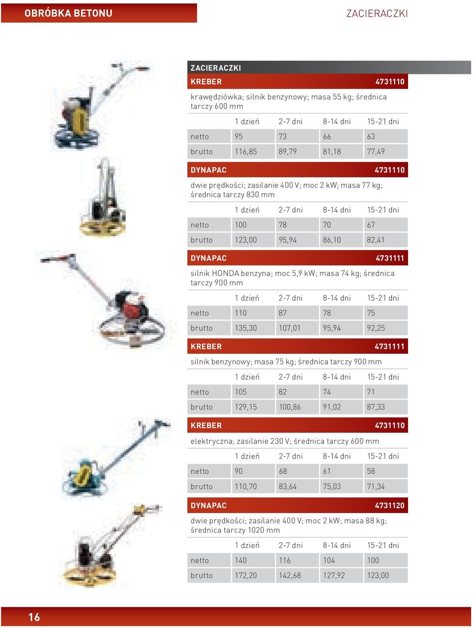 tarczy 900 mm netto 110 87 78 75 brutto 135,30 107,01 95,94 92,25 KREBER 4731111 silnik benzynowy; masa 75 kg; średnica tarczy 900 mm netto 105 82 74 71 brutto 129,15 100,86 91,02 87,33 KREBER