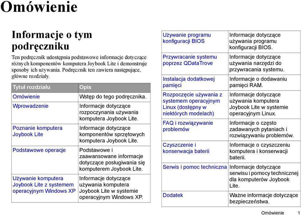 Tytuł rozdziału Omówienie Wprowadzenie Poznanie komputera Joybook Lite Podstawowe operacje Używanie komputera Joybook Lite z systemem operacyjnym Windows XP Opis Wstęp do tego podręcznika.