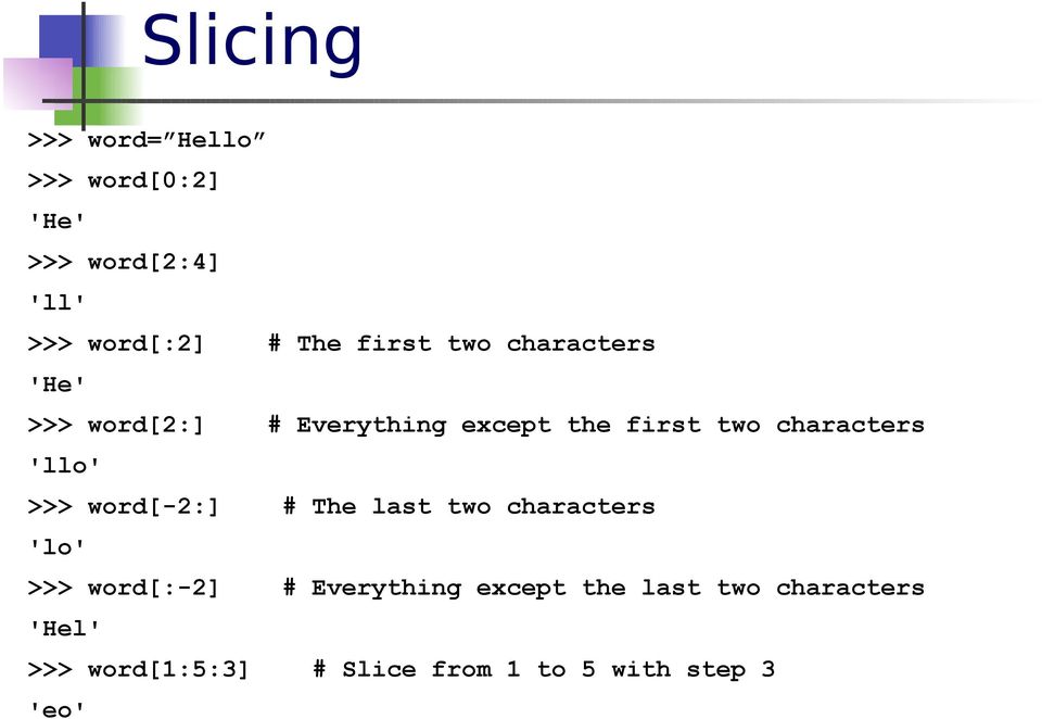 characters 'llo' >>> word[-2:] # The last two characters 'lo' >>> word[:-2] #