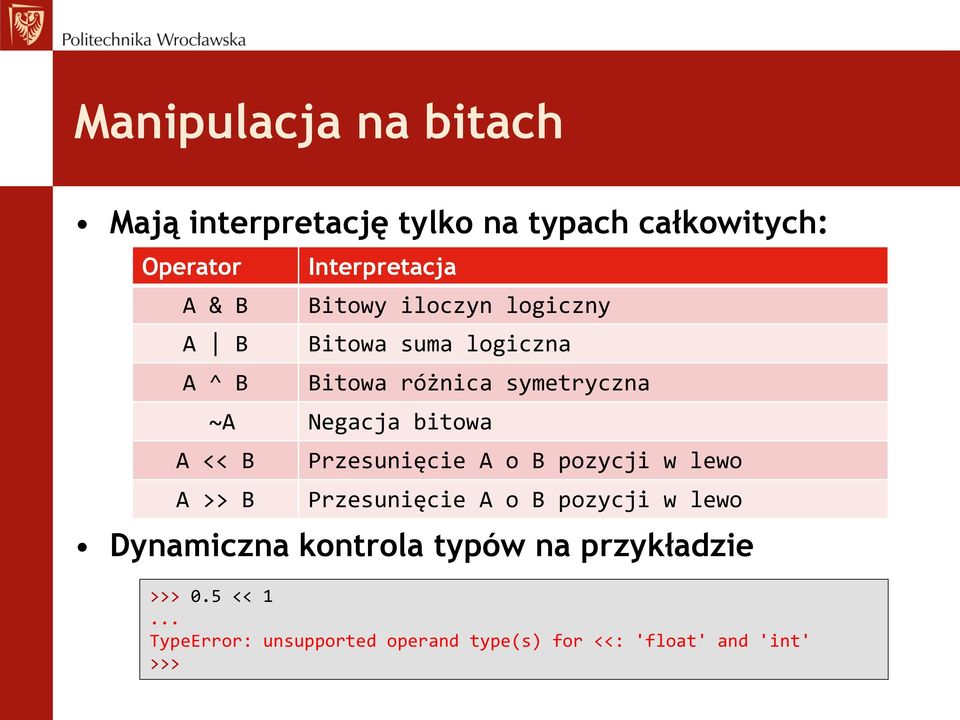 bitowa A << B A >> B Przesunięcie A o B pozycji w lewo Przesunięcie A o B pozycji w lewo Dynamiczna