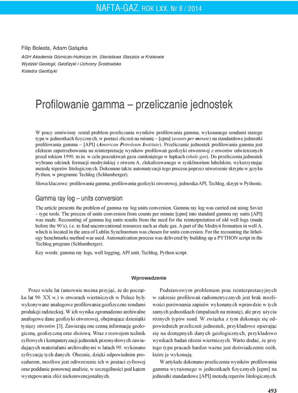 profilowania gamma, wykonanego sondami starego typu w jednostkach fizycznych, w postaci zliczeń na minutę [cpm] (counts per minute) na standardowe jednostki profilowania gamma [API] (American