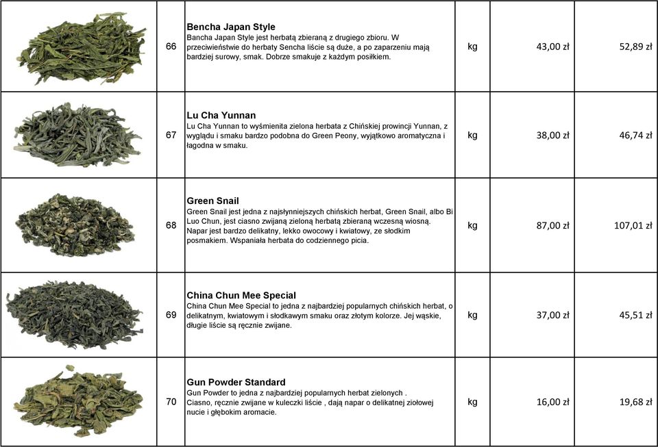 Lu Cha Yunnan Lu Cha Yunnan to wyśmienita zielona herbata z Chińskiej prowincji Yunnan, z 67 wyglądu i smaku bardzo podobna do Green Peony, wyjątkowo aromatyczna i kg 38,00 zł 46,74 zł łagodna w