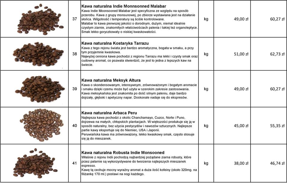 kg 49,00 zł 60,27 zł Malabar to kawa pierwszej jakości o dorodnym, dużym, niemal idealnie czystym ziarnie, znakomitych właściwościach palenia i takiej też organoleptyce.