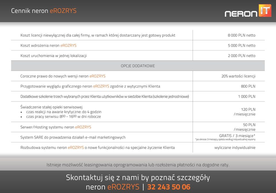 wybranych przez Klienta użytkowników w siedzibie Klienta (szkolenie jednodniowe) Świadczenie stałej opieki serwisowej czas reakcji na awarie krytyczne: do 4 godzin czas pracy serwisu: 800-1600 w dni