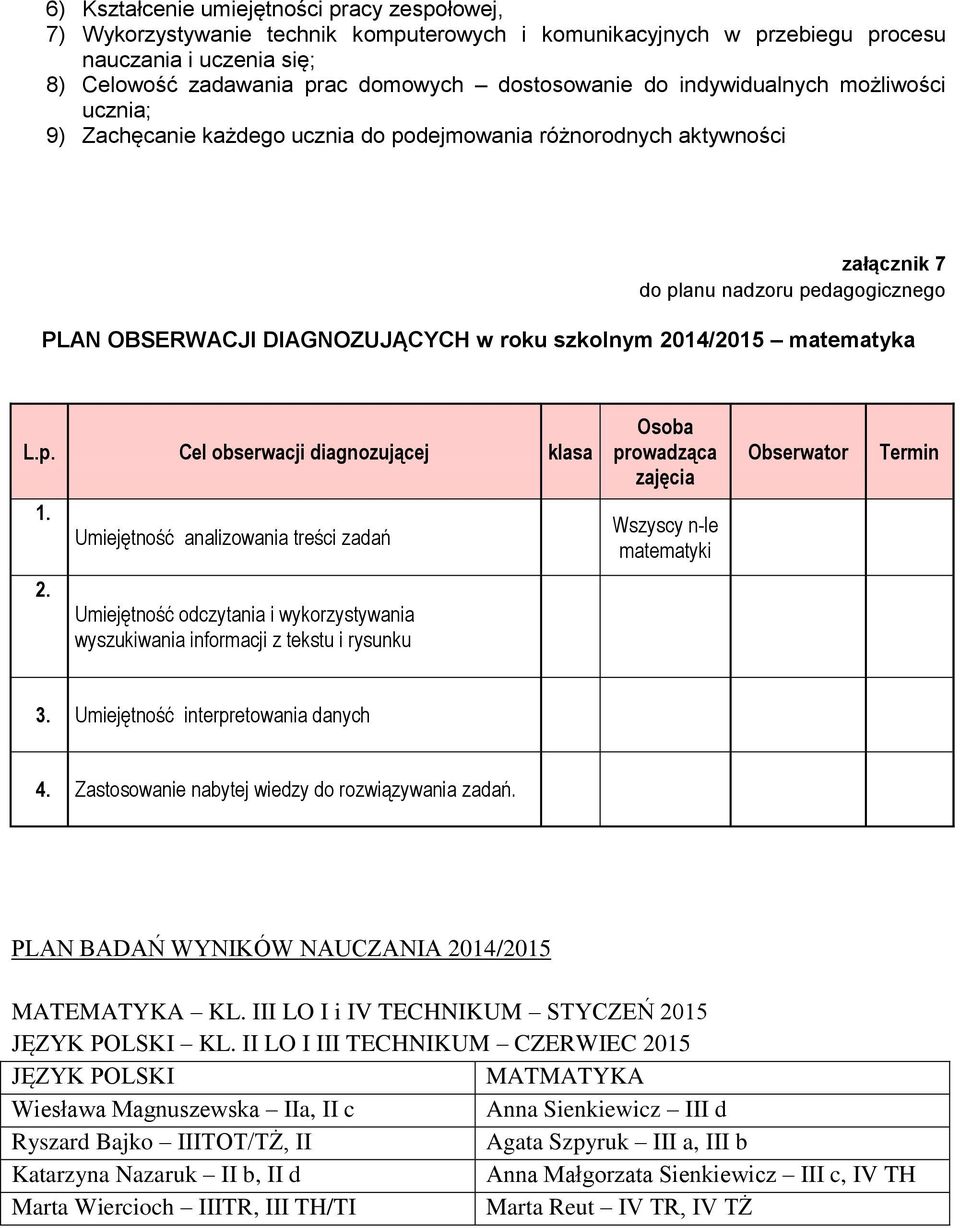 Umiejętność analizowania treści zadań Wszyscy n-le matematyki 2. Umiejętność odczytania i wykorzystywania wyszukiwania informacji z tekstu i rysunku 3. Umiejętność interpretowania danych 4.