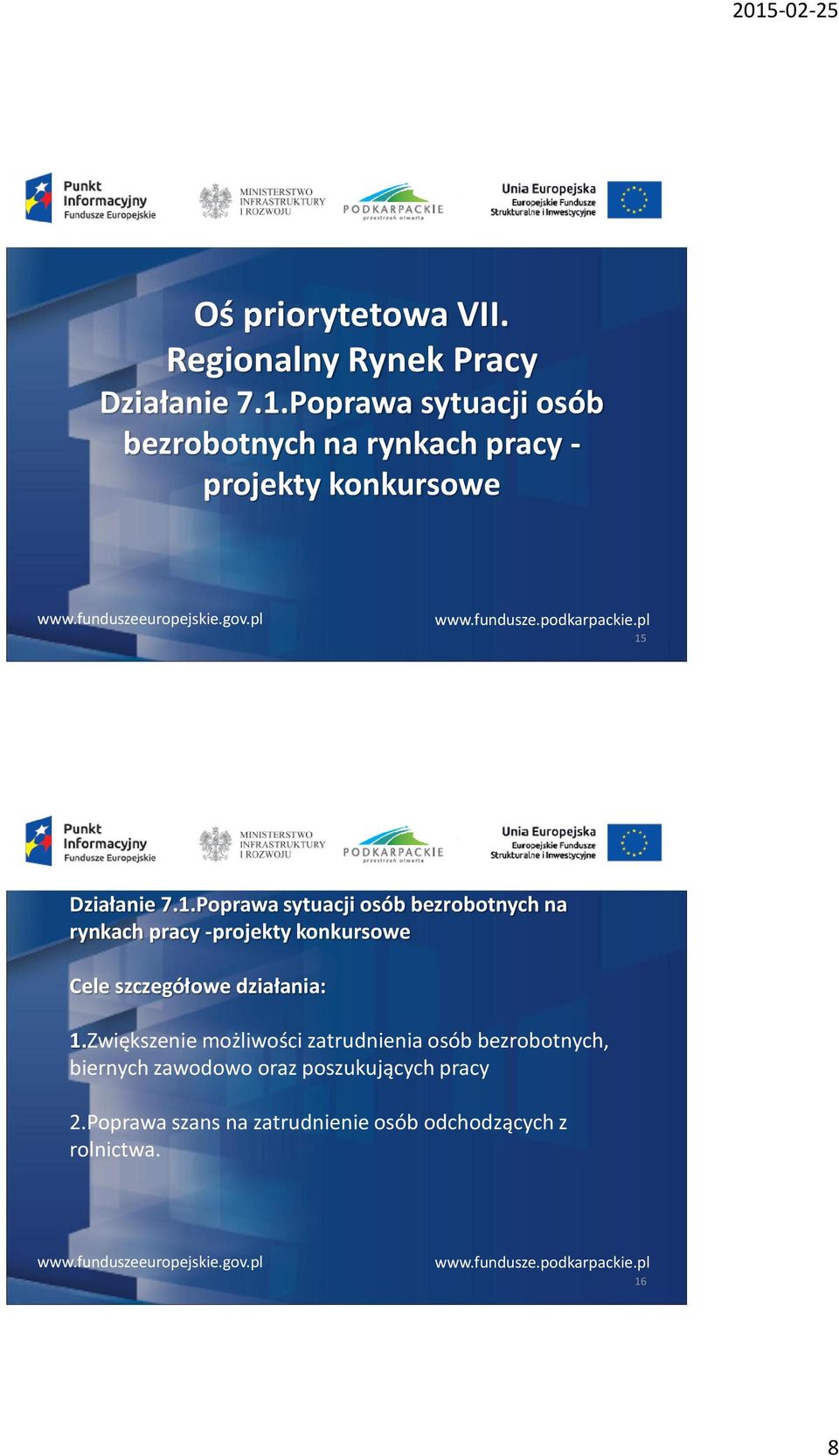 pl 15 Działanie 7.1.Poprawa sytuacji osób bezrobotnych na rynkach pracy -projekty konkursowe Cele szczegółowe działania: 1.