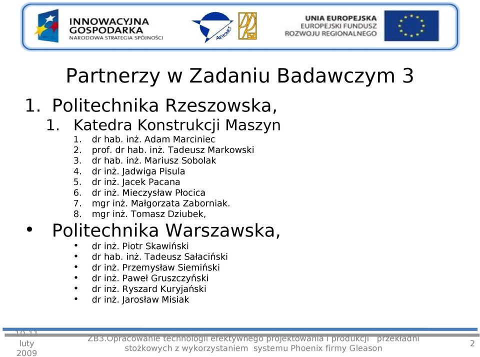 Jacek Pacana dr inż. Mieczysław Płocica mgr inż. Małgorzata Zaborniak. mgr inż. Tomasz Dziubek, Politechnika Warszawska, 009 dr dr dr dr dr dr inż.