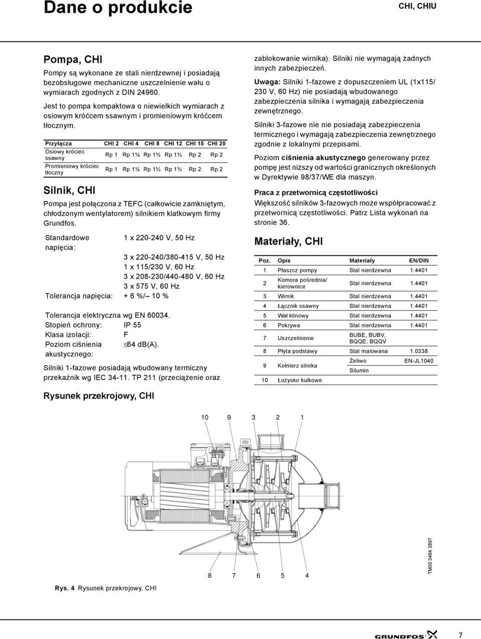 Przyłącza CI CI 4 CI 8 CI 1 CI 15 CI Osiowy króciec ssawny Rp 1 Rp 1¼ Rp 1½ Rp 1½ Rp Rp Promieniowy króciec tłoczny Rp 1 Rp 1¼ Rp 1½ Rp 1½ Rp Rp Silnik, CI Pompa jest połączona z TEFC (całkowicie