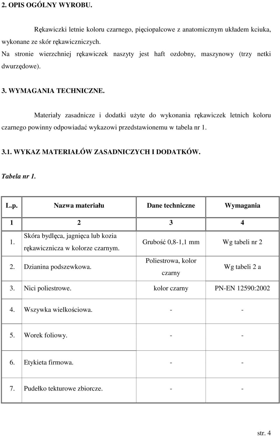 Materiały zasadnicze i dodatki użyte do wykonania rękawiczek letnich koloru czarnego powinny odpowiadać wykazowi przedstawionemu w tabela nr 1. 3.1. WYKAZ MATERIAŁÓW ZASADNICZYCH I DODATKÓW.