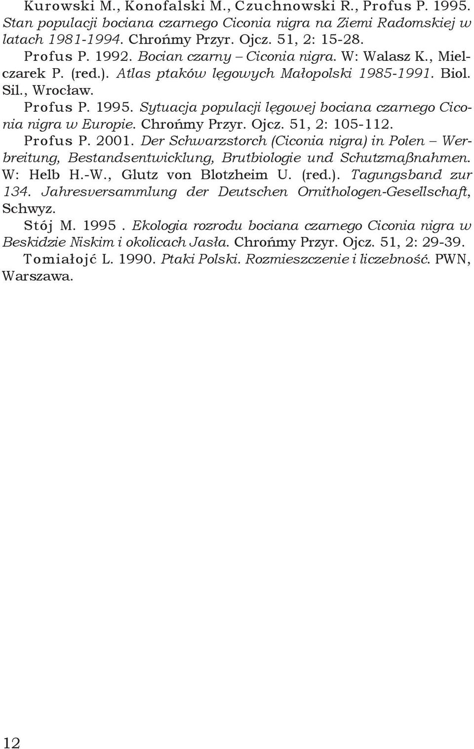 Sytuacja populacji lęgowej bociana czarnego Ciconia nigra w Europie. Chrońmy Przyr. Ojcz. 51, 2: 105-112. Profus P. 2001.