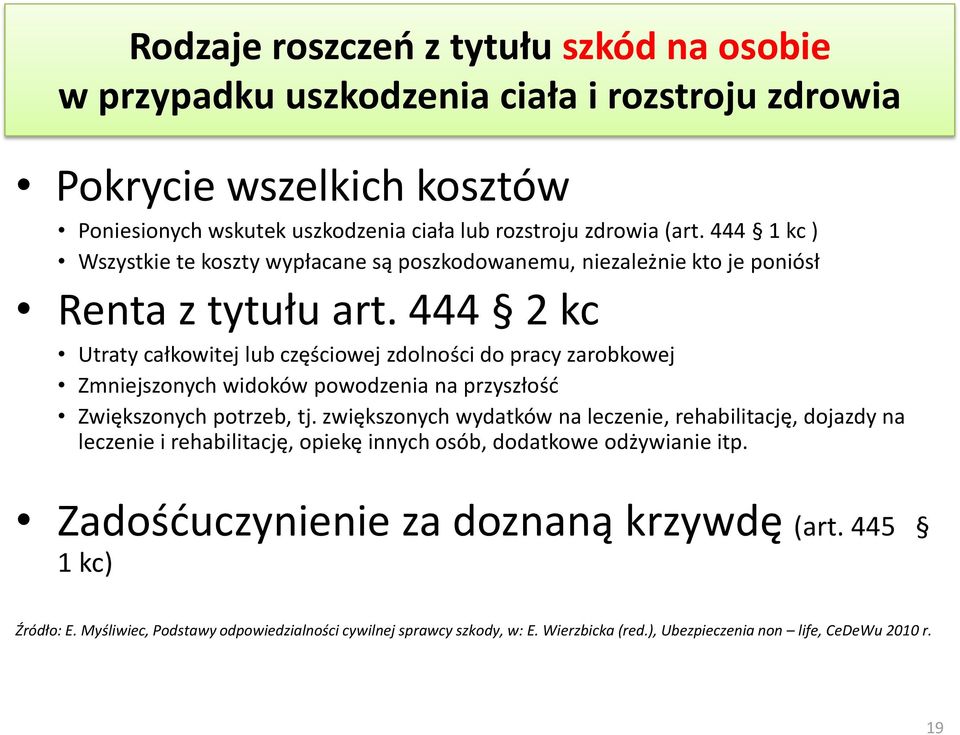 444 2 kc Utraty całkowitej lub częściowej zdolności do pracy zarobkowej Zmniejszonych widoków powodzenia na przyszłość Zwiększonych potrzeb, tj.