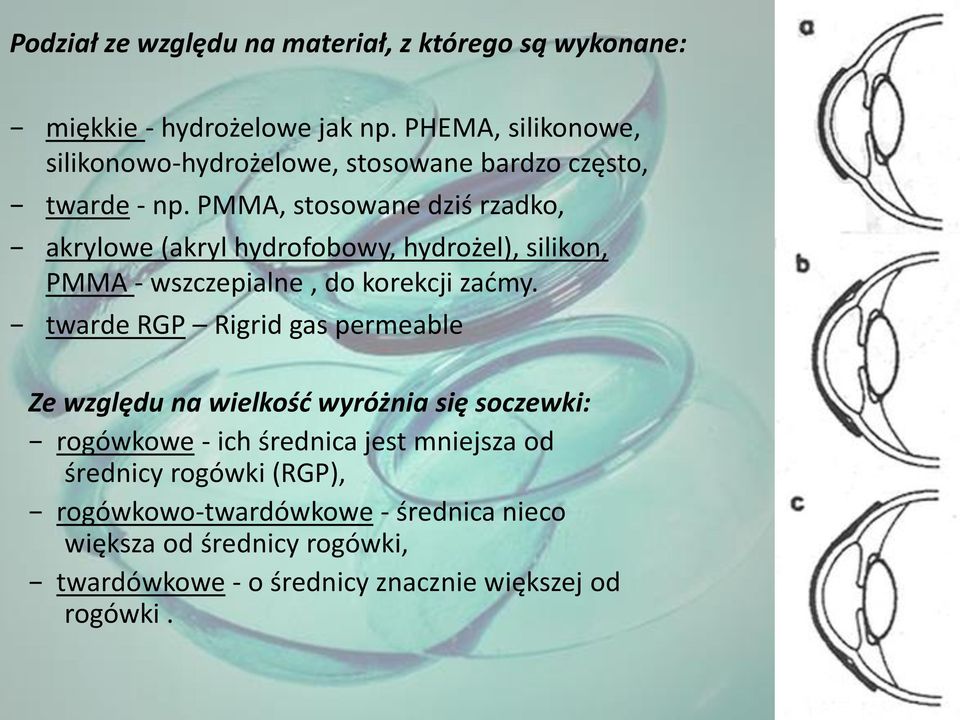 PMMA, stosowane dziś rzadko, akrylowe (akryl hydrofobowy, hydrożel), silikon, PMMA - wszczepialne, do korekcji zaćmy.