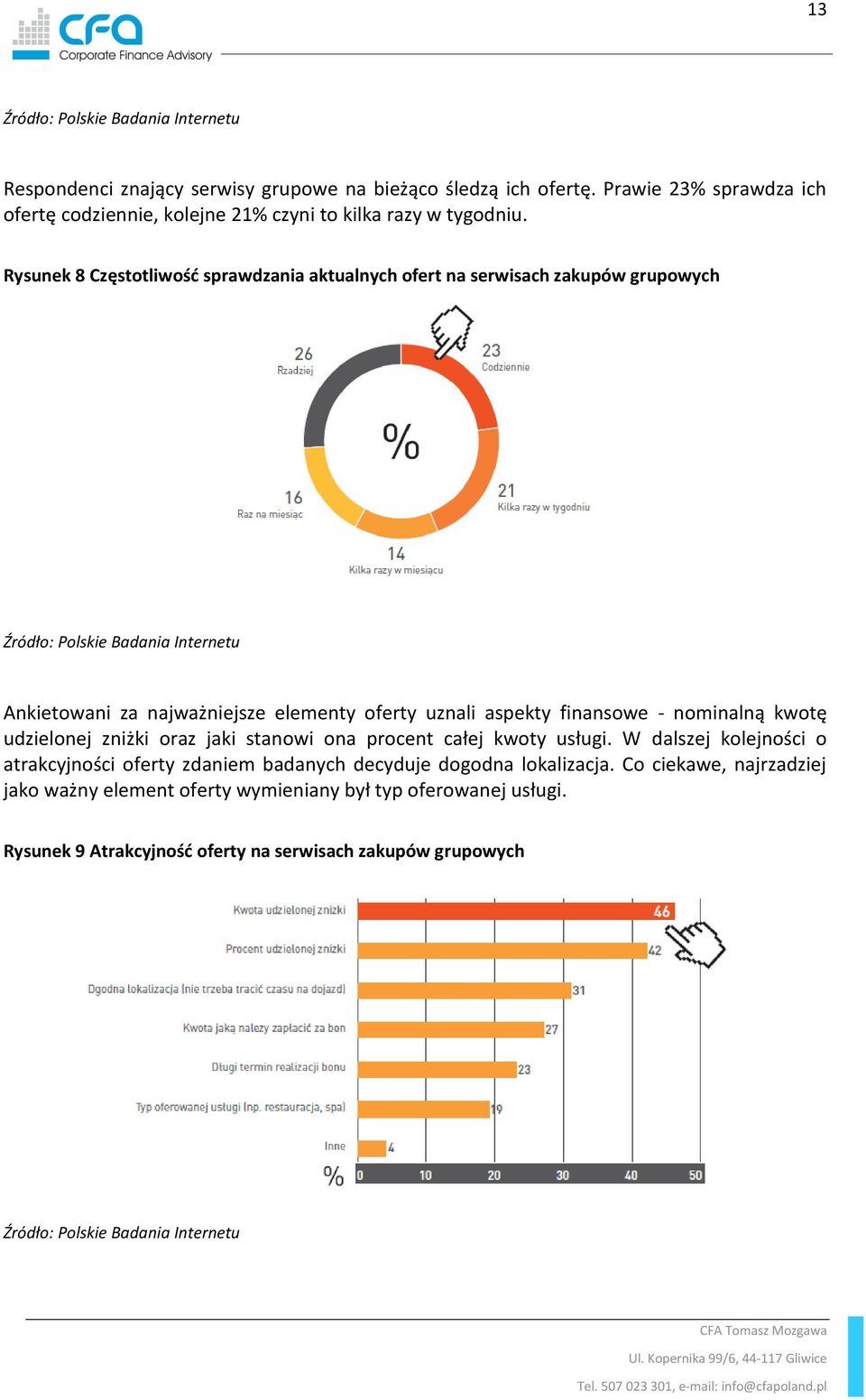 Rysunek 8 Częstotliwość sprawdzania aktualnych ofert na serwisach zakupów grupowych Źródło: Polskie Badania Internetu Ankietowani za najważniejsze elementy oferty uznali aspekty