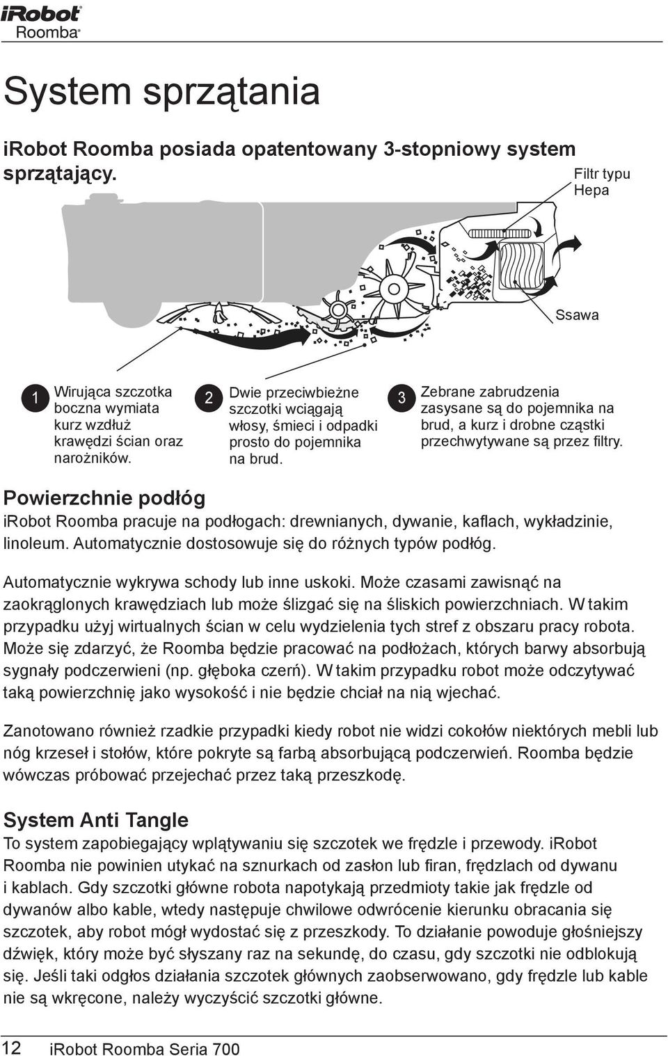 Zebrane zabrudzenia zasysane są do pojemnika na brud, a kurz i drobne cząstki przechwytywane są przez filtry.