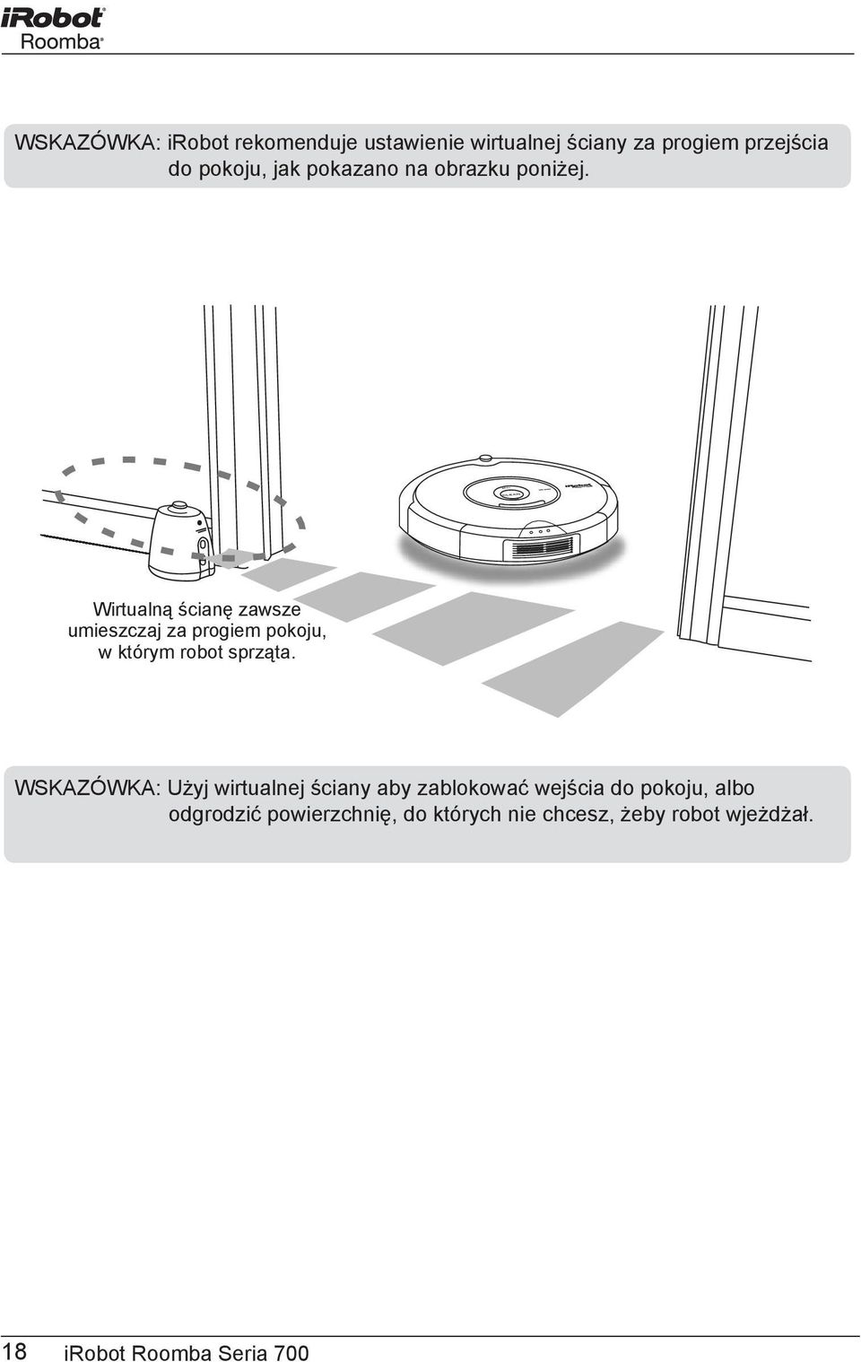 Wirtualną ścianę zawsze umieszczaj za progiem pokoju, w którym robot sprząta.