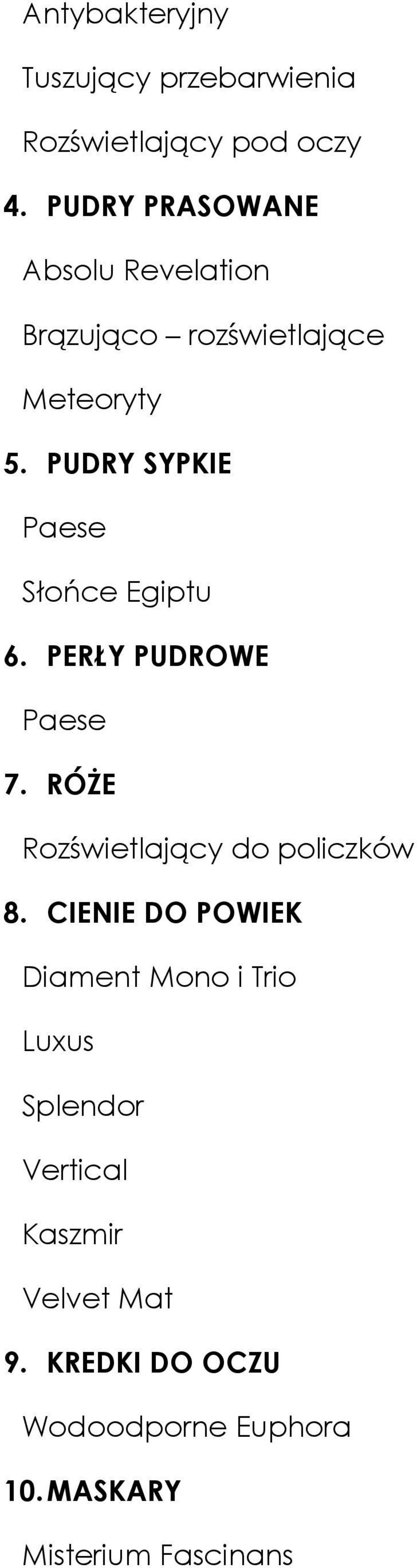 PUDRY SYPKIE Paese Słońce Egiptu 6. PERŁY PUDROWE Paese 7. RÓŻE Rozświetlający do policzków 8.